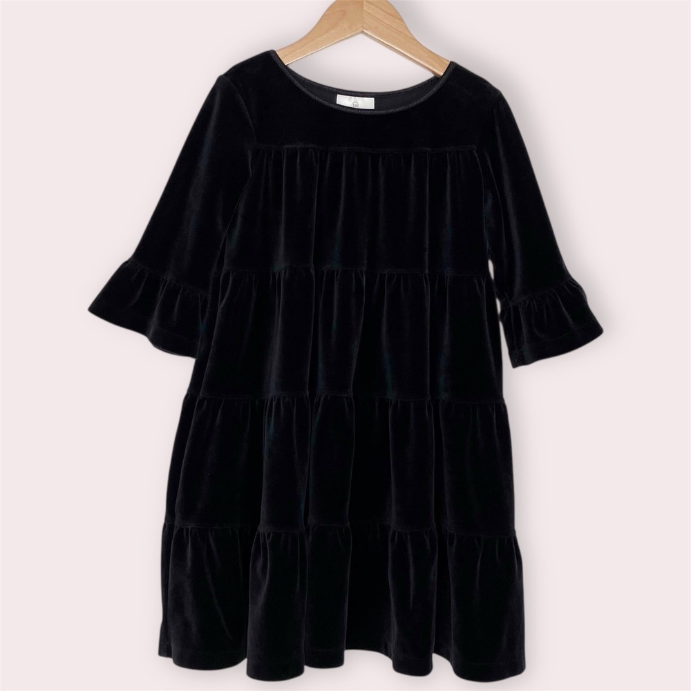 Hanna Andersson Black Velvet Dress Tiered Bell Sleeve Girls‎ Size 110 or 5